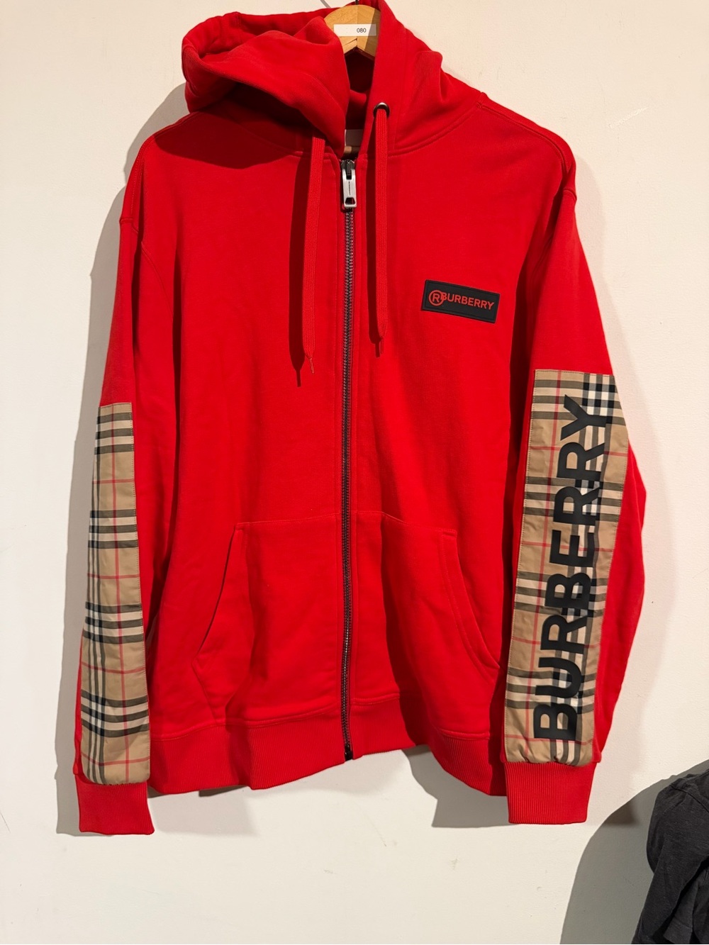 Burberry Red Zip Hoodie with Beige Check Sleeve Panels